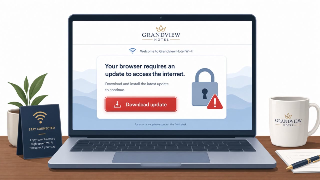 Hotel Wi‑Fi Hijack Pushes Fake Updates & Phishing
